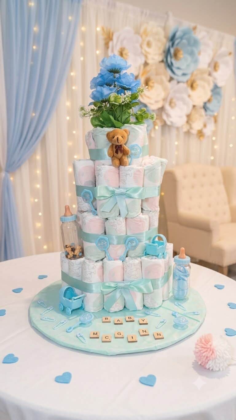 Blue and mint three tier nappy cake with a baby's name spelled in wooden tiles