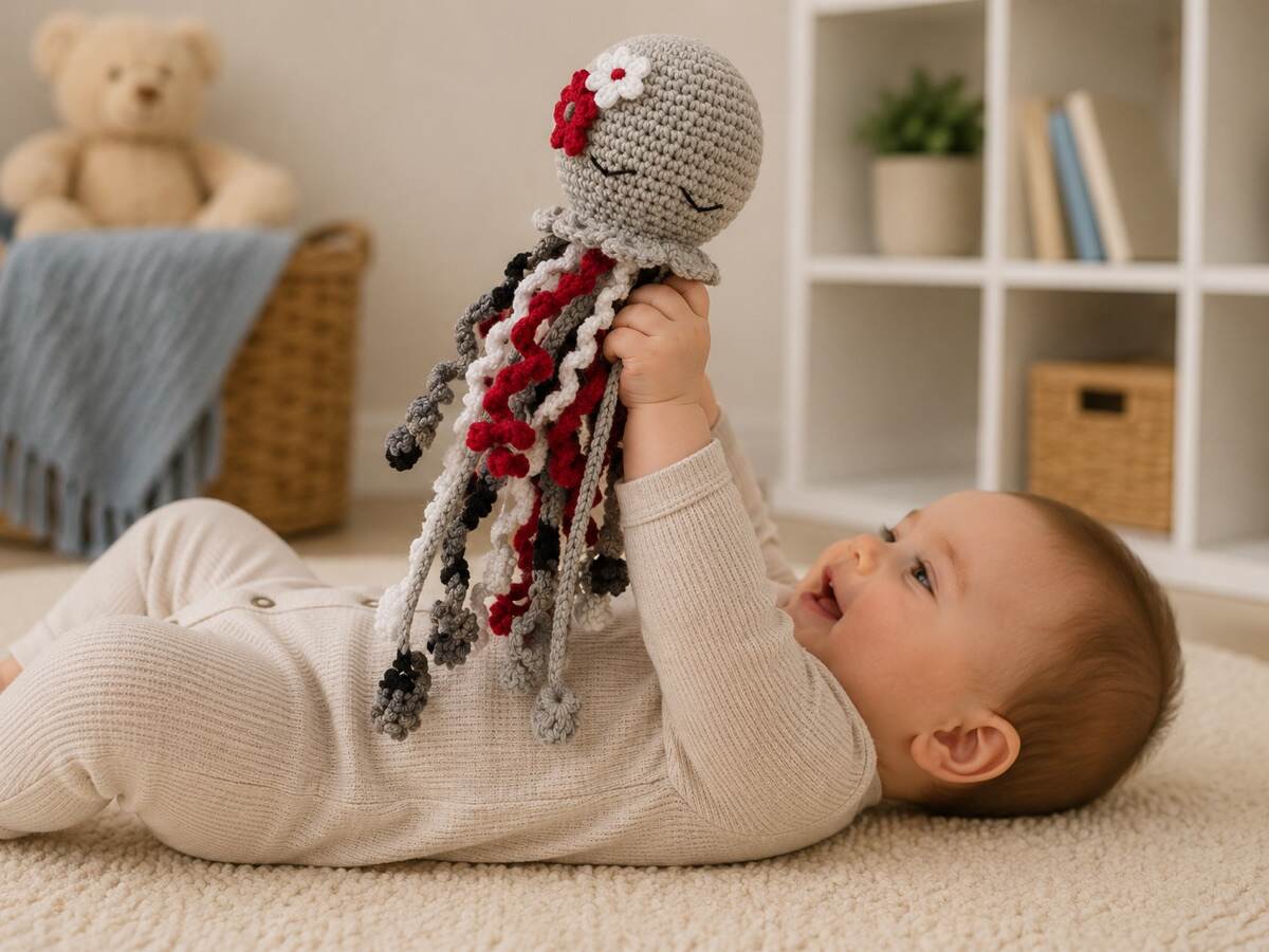 Grey and red sleeping octopus shown held