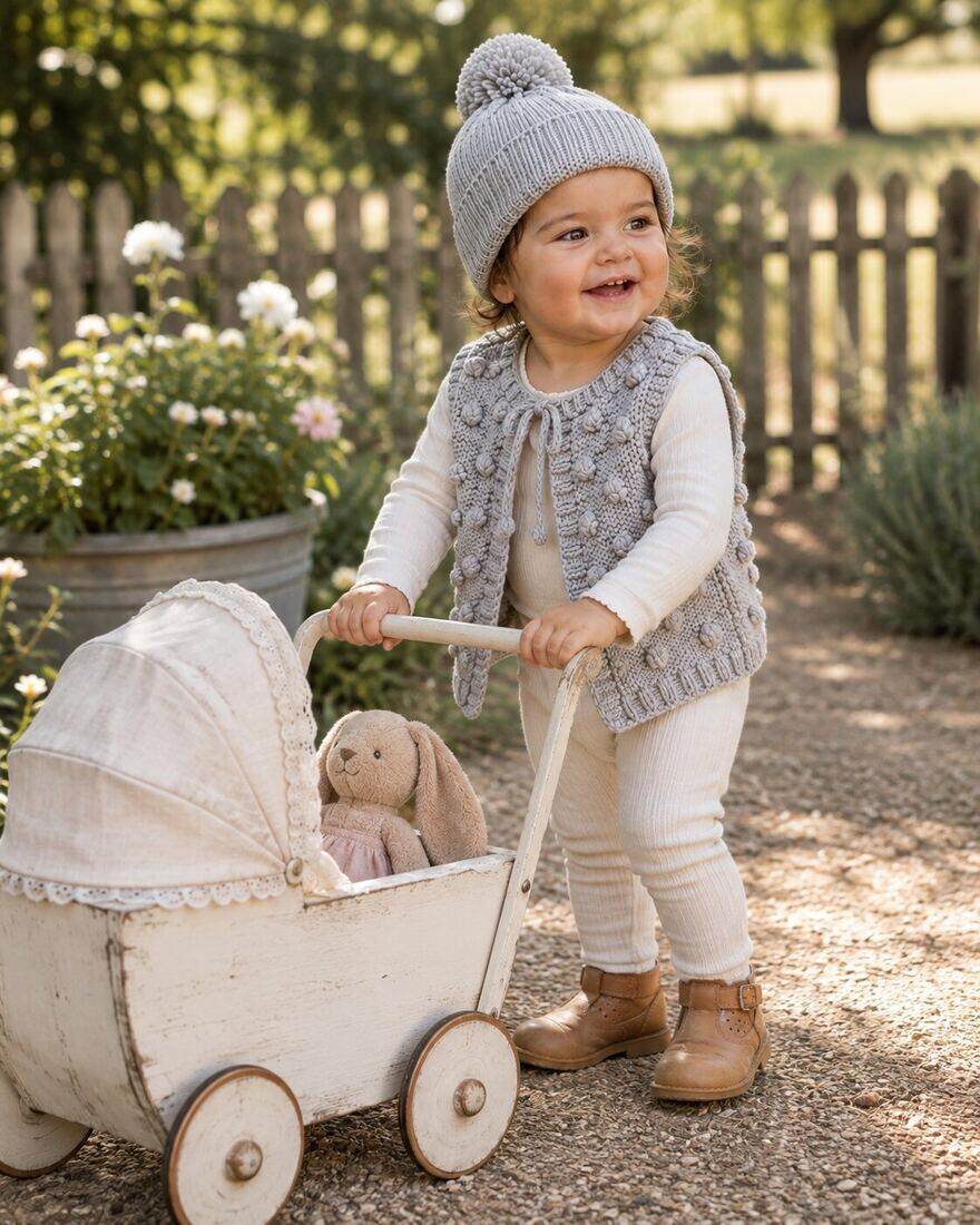 A baby wearing one of Karen's hand knitted cardigans