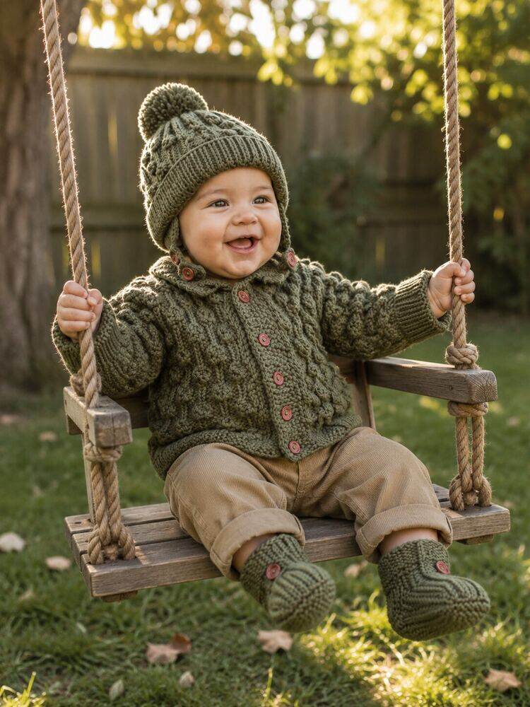 Boy on Swing Cardigan and Beanie shown worn