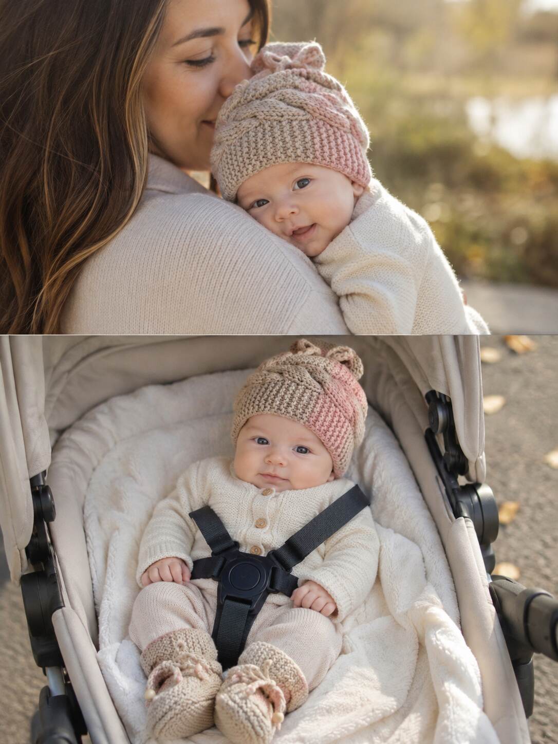 Blush  Oatmeal Cable Beanie  Booties shown worn