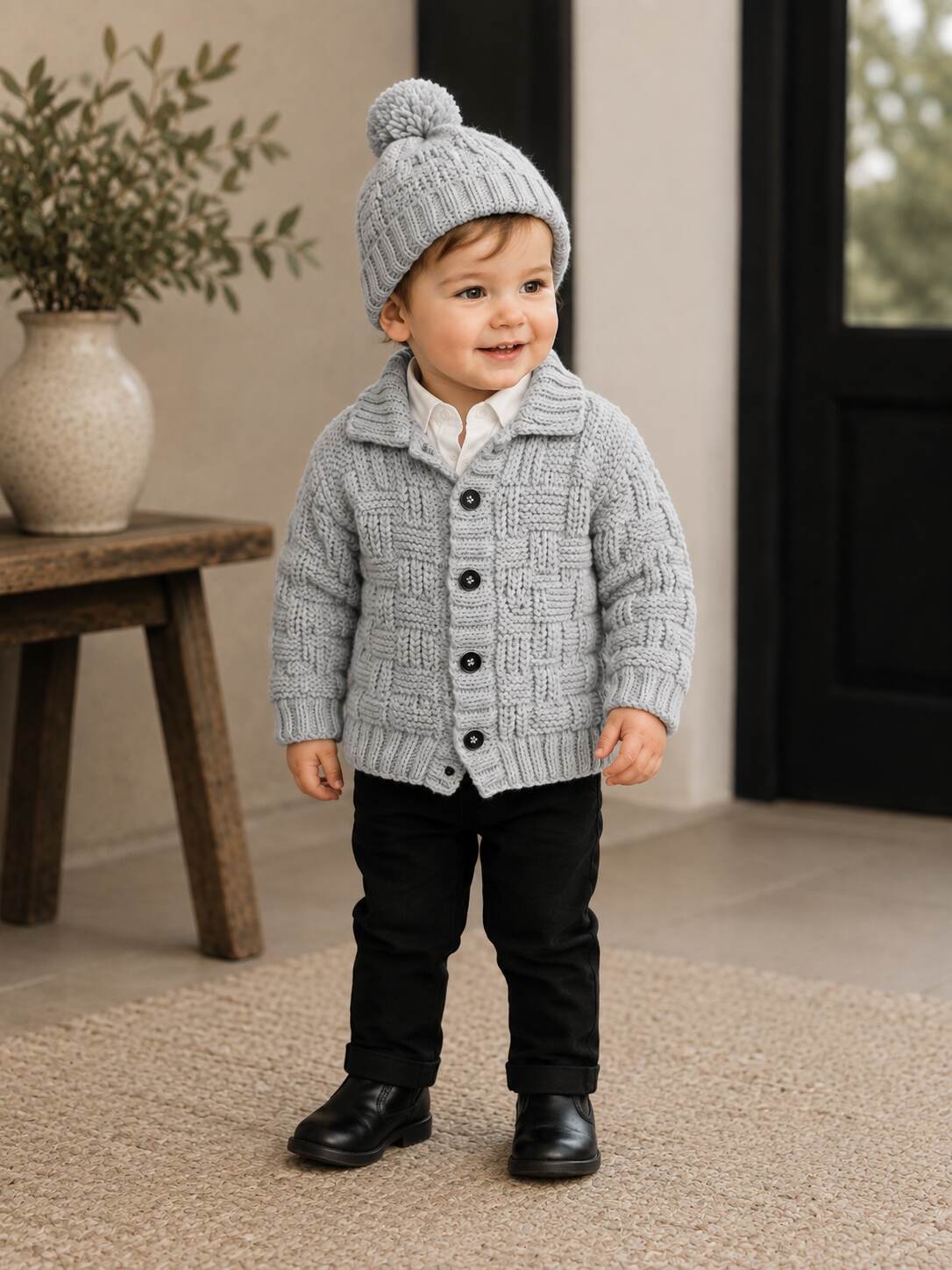 Grey Jacket with Collar and Beanie shown worn
